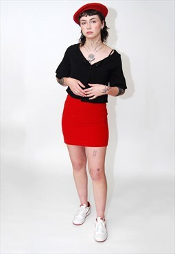 Corduroy Mini Skirt (26) vintage red 90s cord plain solid 80