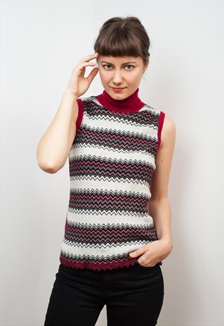 90'S RED KNIT TURTLE NECK SLEEVELESS TOP