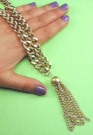 80S LONG GOLD METAL TASSEL NECKLACE, BOHO VINTAGE JEWELLERY