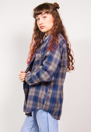 VINTAGE 90'S BLUE CHECK THICK FLANNEL SHIRT