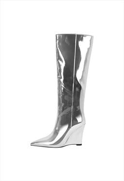 Pointed Toe Metallic Wedge Heel Knee High Boots