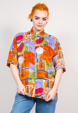 VINTAGE 90'S COLOURFUL ABSTRACT PATTERN OVERSIZED SHIRT