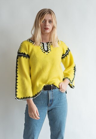 VINTAGE 70S FUNKY KNIT BOHO JUMPER IN LEMON YELLOW