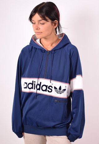 ADIDAS WOMENS VINTAGE HOODIE JACKET LARGE BLUE 90S