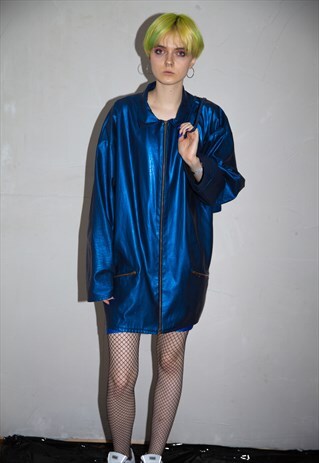 VINTAGE GLOSSY /SHINY NAVY BLUE OVERSIZED TECHNO JACKET