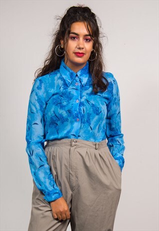 VINTAGE 90'S BLUE FLORAL PATTERN SHEER SHIRT BLOUSE