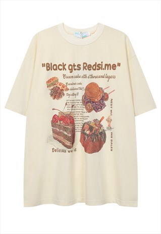 CAKE PRINT T-SHIRT JUNK FOOD TEE GRUNGE RETRO TOP IN CREAM