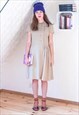 Beige light brown short sleeve dress with pleats
