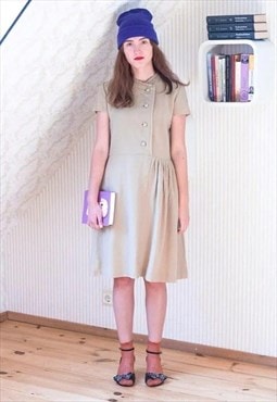 Beige light brown short sleeve dress with pleats