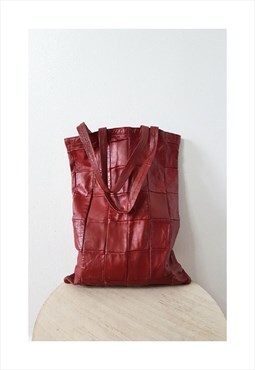 Vintage Red Patchwork Leather Tote Bag Red Cowhide Bag