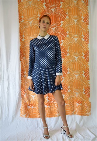 80S BLUE POLKA DOT MINI DRESS, SMALL SIZE