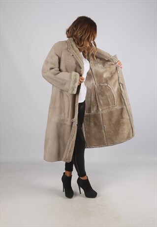 VINTAGE SHEEPSKIN SUEDE SHEARLING COAT MID LONG UK 16 (C9AS)