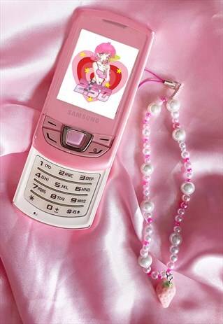 PASTEL STRAWBERRY BEADED PHONE STRAP CHARM CUTE PINK PEARL