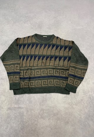 VINTAGE KNITTED JUMPER ABSTRACT PATTERNED GRANDAD SWEATER