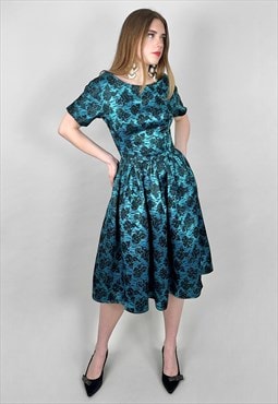 50's Vintage Blue Black Short Sleeve Prom Style Midi Dress