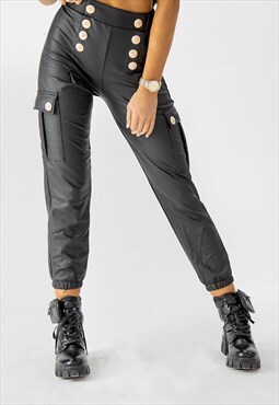 Black Gold Button PU Leather Cargo Trousers