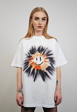 Sun print t-shirt graffiti emoji tee grunge raver top white