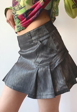 Vintage 00's Y2K Silver Metallic Flared A-line Mini Skirt