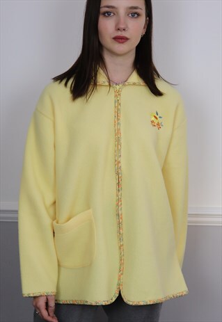 PASTEL YELLOW SUNFLOWER EMBROIDERY ZIP FLEECE SWEATER
