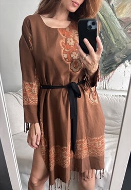 Boho Brown Fringe Dress - M - L