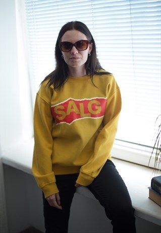VINTAGE 90'S MUSTARD SLOGAN JUMPER