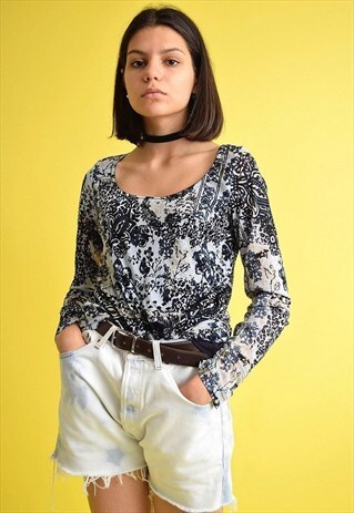 90'S RETRO KITSCH LACE BOHO FLORAL PATTERN BLOUSE TOP