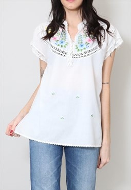 70's Vintage Blouse White Folk Hippy Embroidery Smock Top