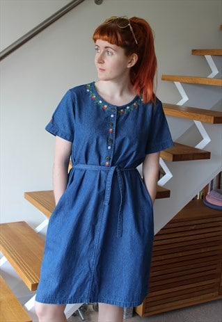 VINTAGE DENIM DRESS 90S SMOCK DRESS STRAWBERRY EMBROIDERY