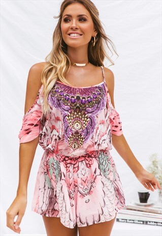 PINK & PURPLE MULTI-PRINT PLAYSUIT W/ DIAMANTE DETAIL