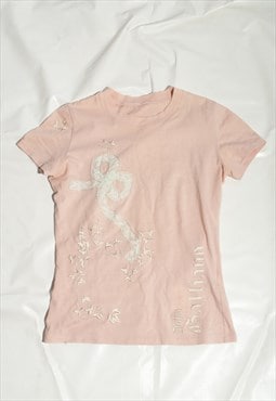 Vintage Y2K Galliano Baby Tee in Pink Lace Bow Embroidered