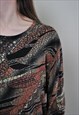 VINTAGE PULLOVER STRETCHY BLOUSE, ABSTRACT PATTERN ELASTIC 
