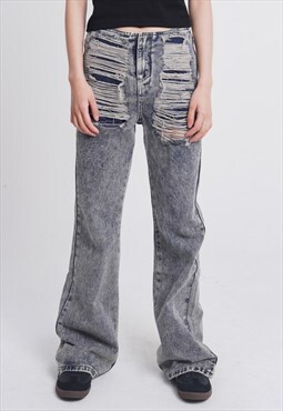 Ripped waist jeans shredded denim pants skater trousers blue