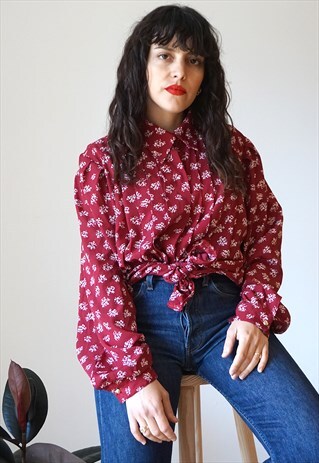 VINTAGE 80S LONG SLEEVE FLORAL RED SHIRT