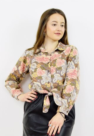 VINTAGE 90S PASTEL FLORAL CROPPED TIE FRONT SHIRT