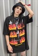 BURNING CROSS PRINT TEE GRAFFITI FLAME GRUNGE T-SHIRT BLACK