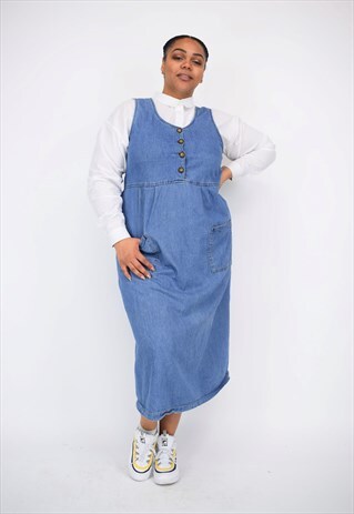 VINTAGE 90'S LONG DENIM BUTTON UP DRESS WITH POCKETS
