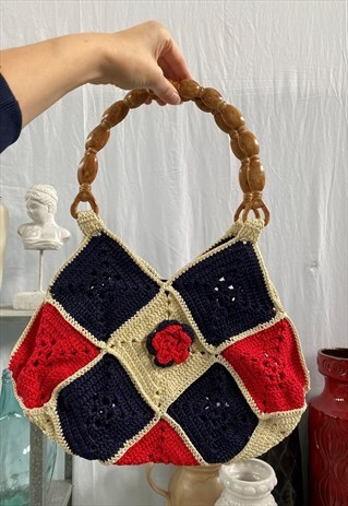 Vintage 80s handmade boho Mod crochet handbag