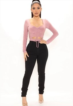 JUSTYOUROUTFIT Slinky Ruched Cut Out Crop Top Pink