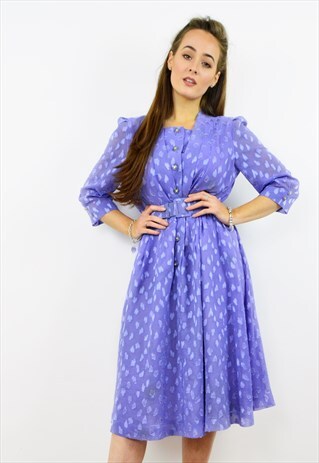 VINTAGE 80S LILAC CHIFFON BELTED MIDI DRESS