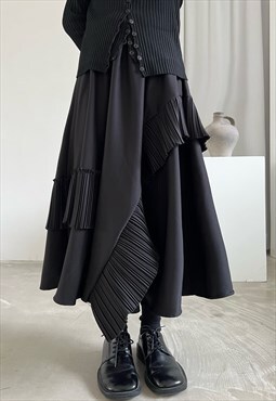 Black Pleated Asymmetric A line midi skirt 