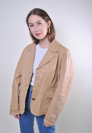VINTAGE WOMAN LEATHER BEIGE CASUAL WORK BLAZER, SIZE L