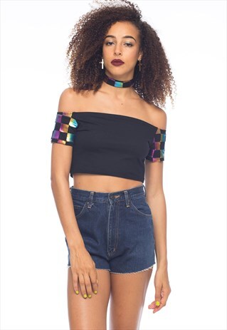 OFF THE SHOULDER 90S CROP TOP W/ RAINBOW CHECK SLEEVES