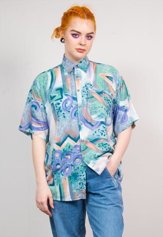 VINTAGE 90'S PASTEL PAINTED ABSTRACT PATTERN OVERSIZED SHIRT