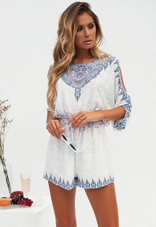 BLUE BEJEWELLED PLAYSUIT