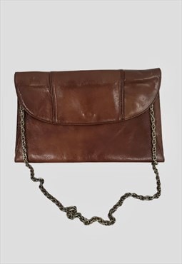 70's Vintage Brown Leather Gold Chain Envelope Shoulder Bag