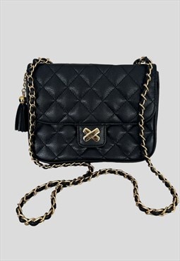 Vintage 80's Black Leather Quilted Gold Woven Chain Bag
