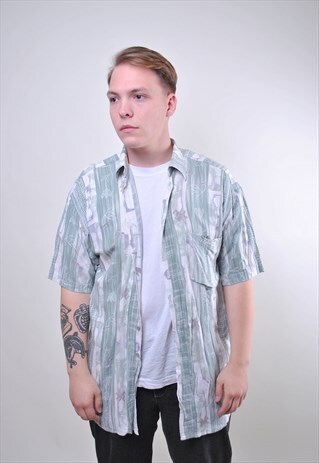 VINTAGE MAN STRIPED FLORAL GREEN SHORT SLEEVE SHIRT