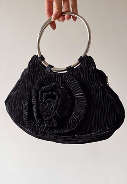 Vintage Y2K 00s black handbag with big material flower