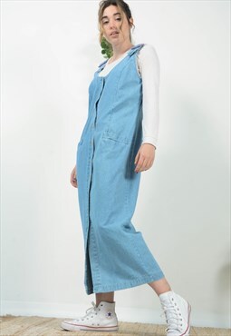 Vintage 90s Denim Maxi Dress Blue Pinafore