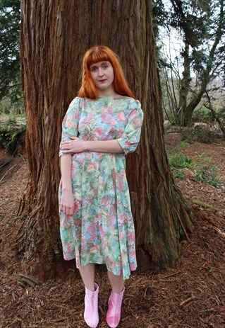 VINTAGE 80S PASTEL GREEN PINK FLORAL LEAF SUMMER MIDI DRESS
